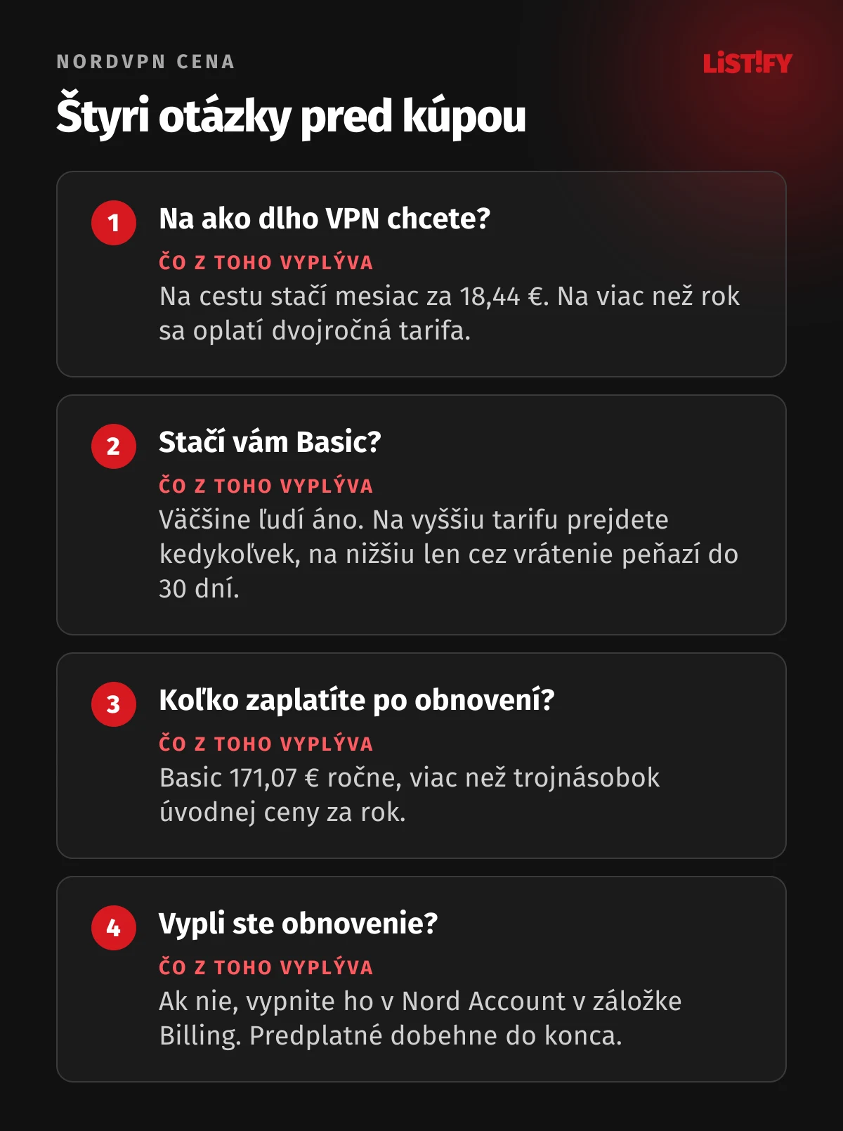 Štyri otázky pred kúpou NordVPN: na ako dlho ju chcete, stačí vám Basic, koľko zaplatíte po obnovení, vypli ste automatické obnovenie