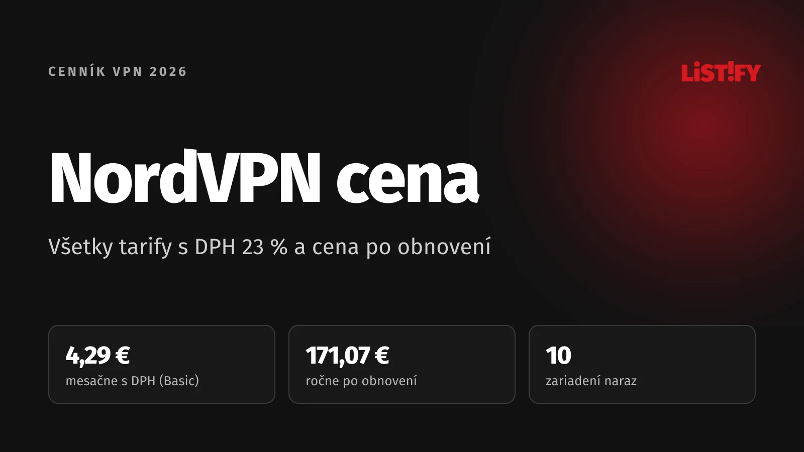 Obálka článku NordVPN cena 2026: Basic s DPH 4,29 € mesačne, po obnovení 171,07 € ročne, 10 zariadení naraz