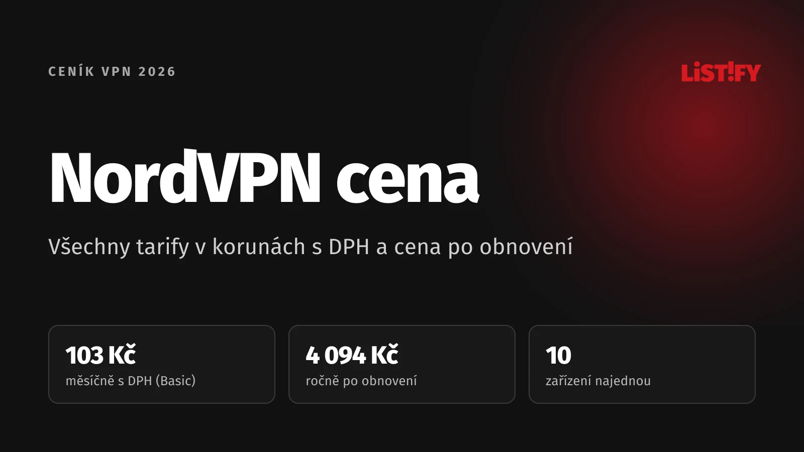 Obálka článku NordVPN cena 2026: Basic s DPH 103 Kč měsíčně, po obnovení 4 094 Kč ročně, 10 zařízení najednou