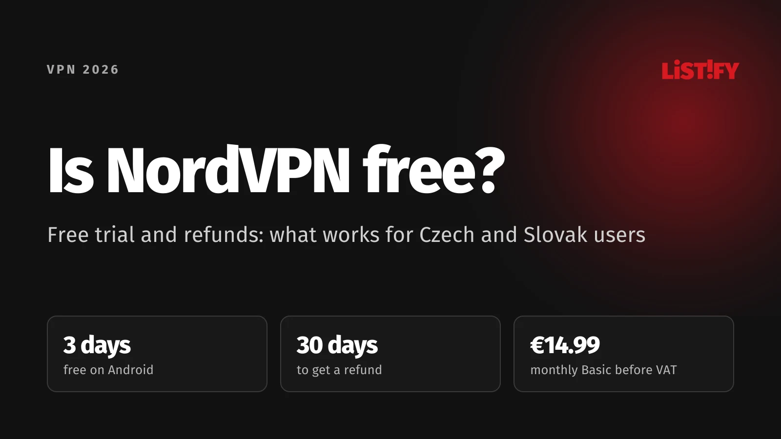 Cover of the article Is NordVPN free: no free version, 3-day free trial on Google Play for new Android users, 30 days to get a refund, monthly Basic plan at €14.99 before VAT