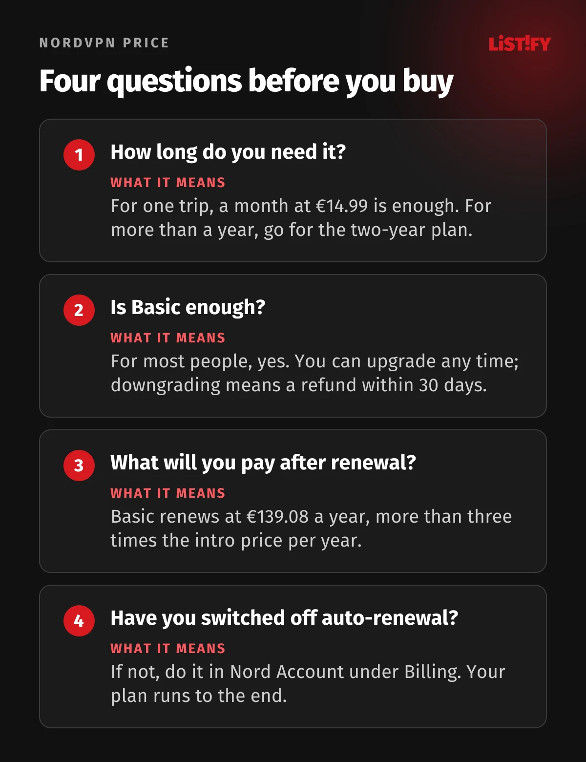 Four questions before buying NordVPN: how long do you need it, is Basic enough, what will you pay after renewal, have you switched off auto-renewal