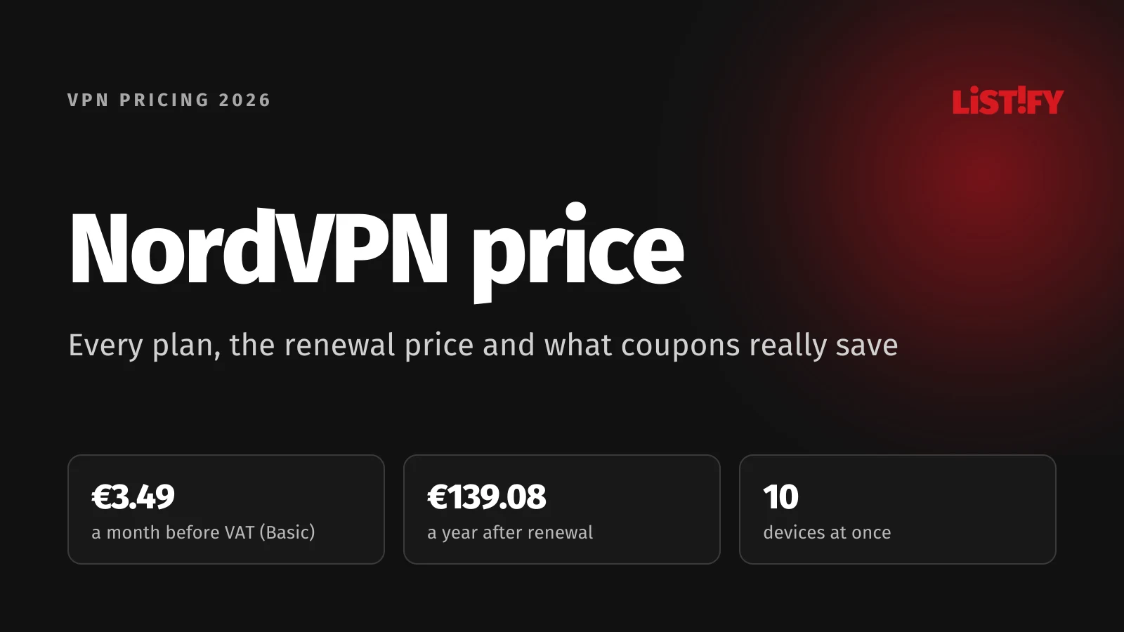 Cover of NordVPN Price 2026: Basic at €3.49 a month before VAT, renews at €139.08 a year, 10 devices at once