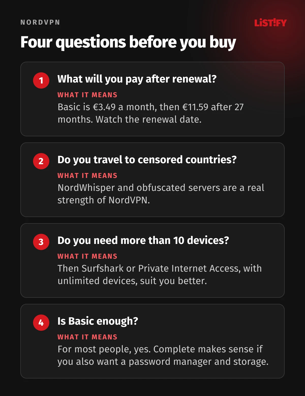 Four questions before buying NordVPN: what will you pay after renewal, do you travel to censored countries, do you need more than 10 devices, is Basic enough