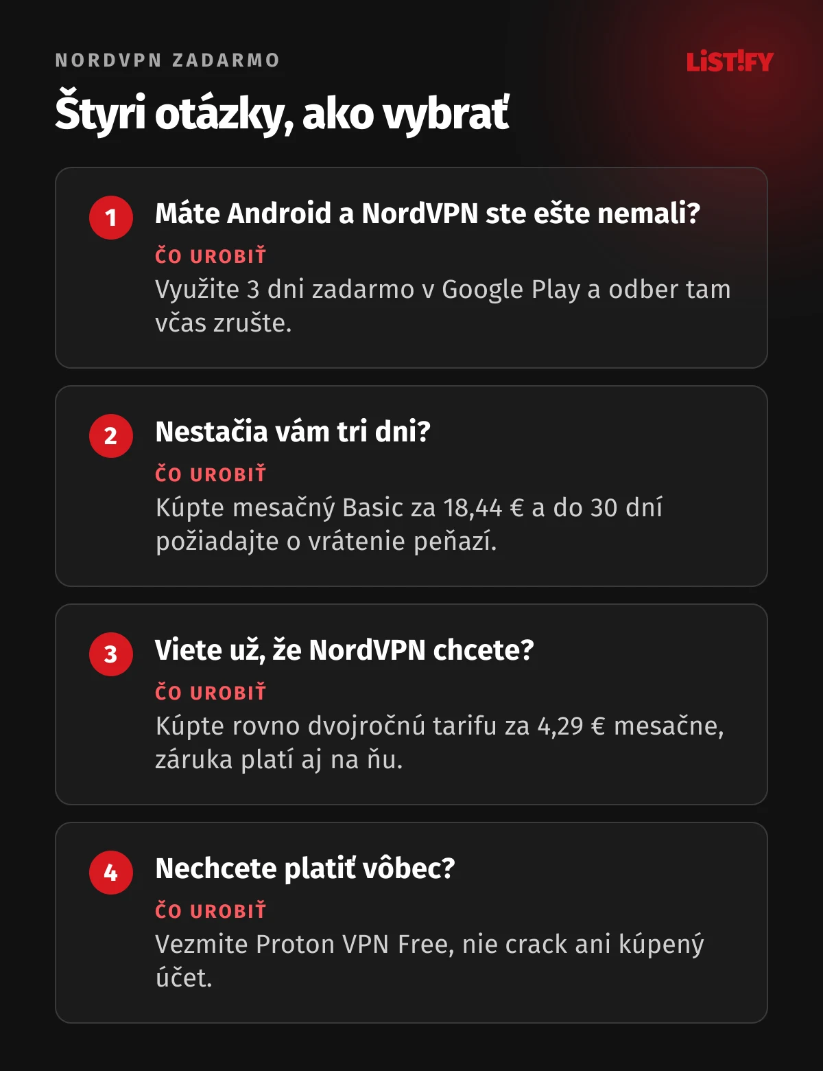 Štyri otázky, ako vybrať: nový používateľ Androidu využije 3 dni zadarmo v Google Play, komu nestačia tri dni, kúpi mesačný Basic za 18,44 € a požiada o vrátenie, kto NordVPN chce, kúpi dvojročnú tarifu za 4,29 € mesačne, kto nechce platiť, vezme Proton VPN Free