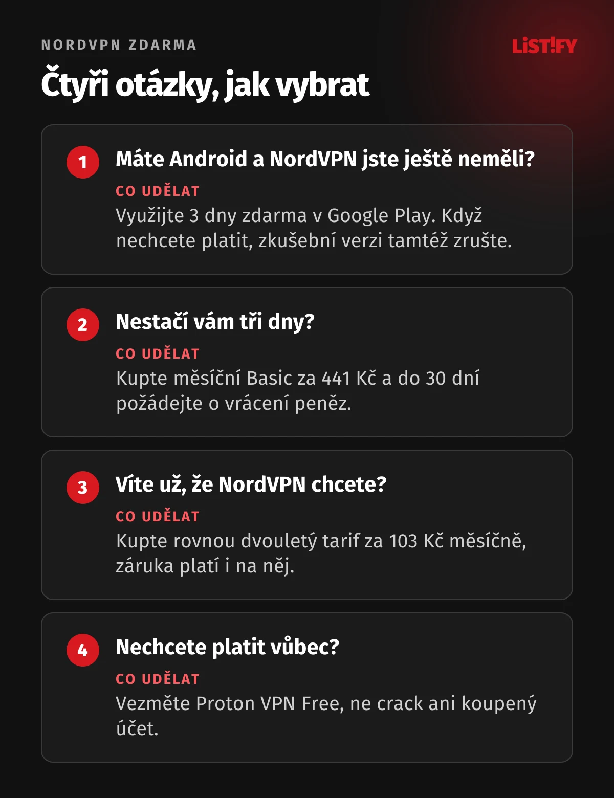 Čtyři otázky, jak vybrat: nový uživatel Androidu využije 3 dny zdarma v Google Play, komu nestačí tři dny, koupí měsíční Basic za 441 Kč a požádá o vrácení, kdo NordVPN chce, koupí dvouletý tarif za 103 Kč měsíčně, kdo nechce platit, vezme Proton VPN Free