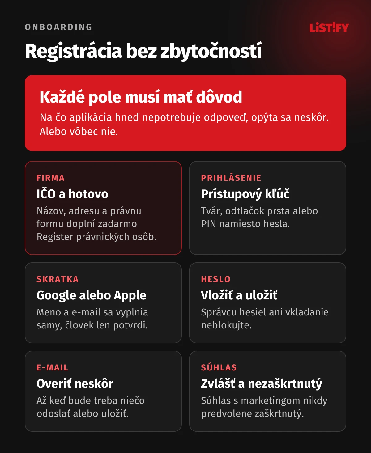 Registrácia bez zbytočností: každé pole musí mať dôvod, IČO doplní firmu z registra právnických osôb, prístupový kľúč namiesto hesla, prihlásenie cez Google alebo Apple, vkladanie hesla povolené, overenie e-mailu neskôr, súhlas s marketingom zvlášť a nezaškrtnutý