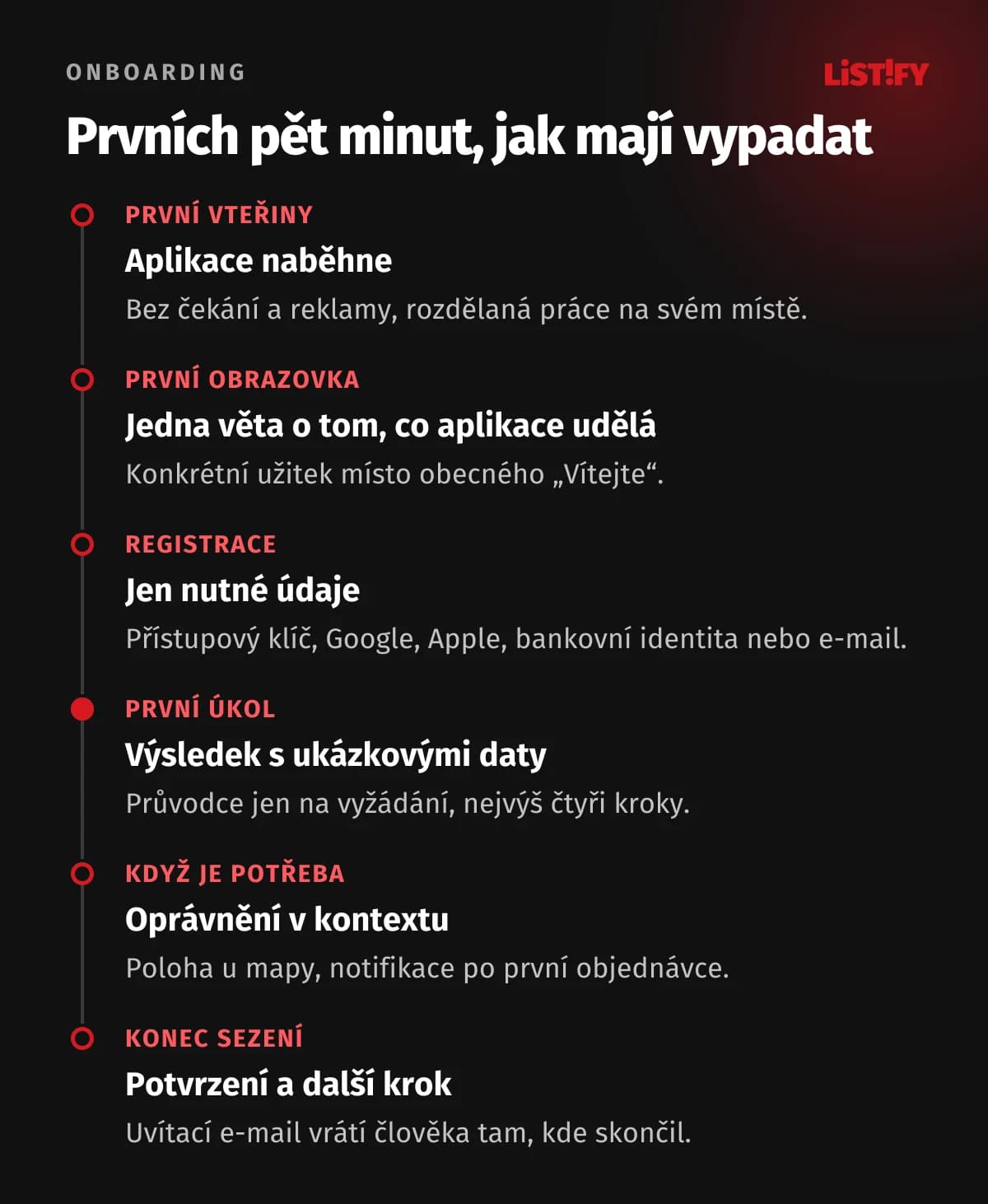 Prvních pět minut dobře navrženého onboardingu: aplikace naběhne do pár vteřin, první obrazovka jednou větou řekne, co aplikace dělá, registrace jen s nutnými údaji, první úkol s ukázkovými daty, oprávnění až u funkce, která je potřebuje, a potvrzení výsledku