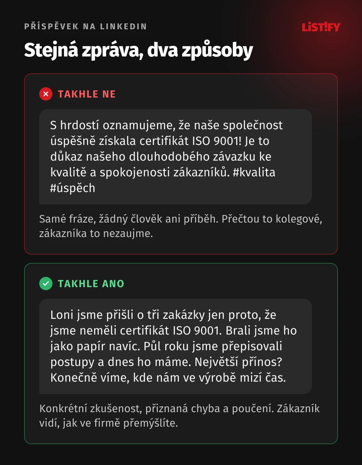 Srovnání dvou příspěvků na LinkedInu: obecné oznámení o novém certifikátu s frázemi proti konkrétnímu příběhu majitele, který popisuje, kolik zakázek firma kvůli chybějícímu certifikátu ztratila a co z toho plyne