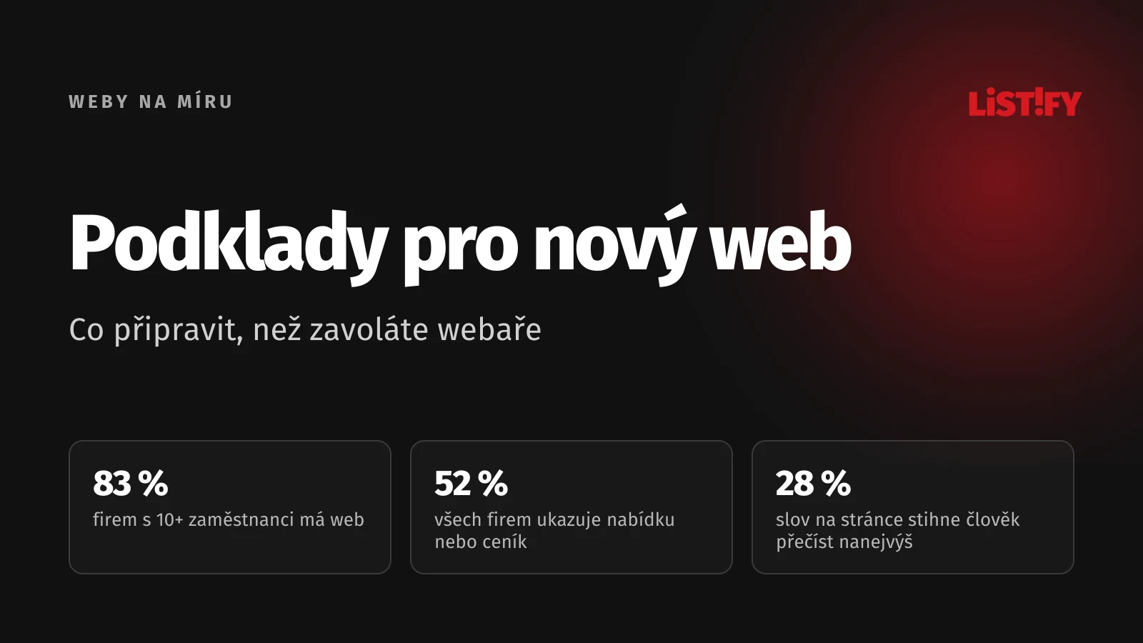 Obálka článku Podklady pro nový web: web má 83 % českých firem s 10 a více zaměstnanci, popis nabídky nebo ceník jen 52 %, lidé stihnou přečíst nanejvýš 28 % slov na stránce