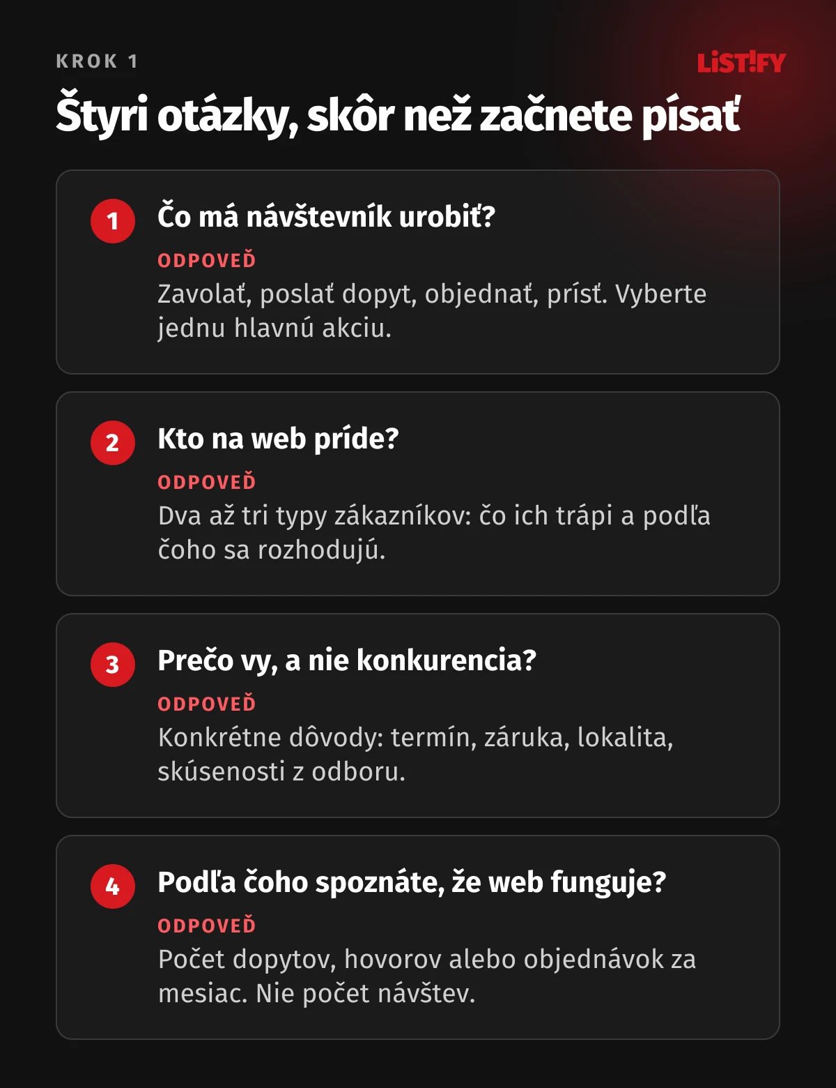 Štyri otázky pred tvorbou webu: čo má návštevník urobiť, kto na web príde, prečo vy a nie konkurencia, podľa čoho spoznáte, že web funguje