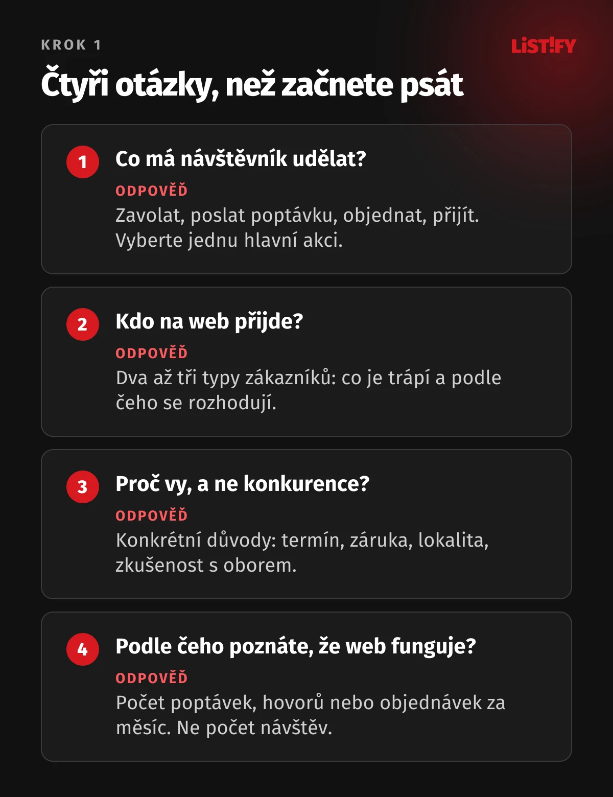 Čtyři otázky před tvorbou webu: co má návštěvník udělat, kdo na web přijde, proč vy a ne konkurence, podle čeho poznáte, že web funguje