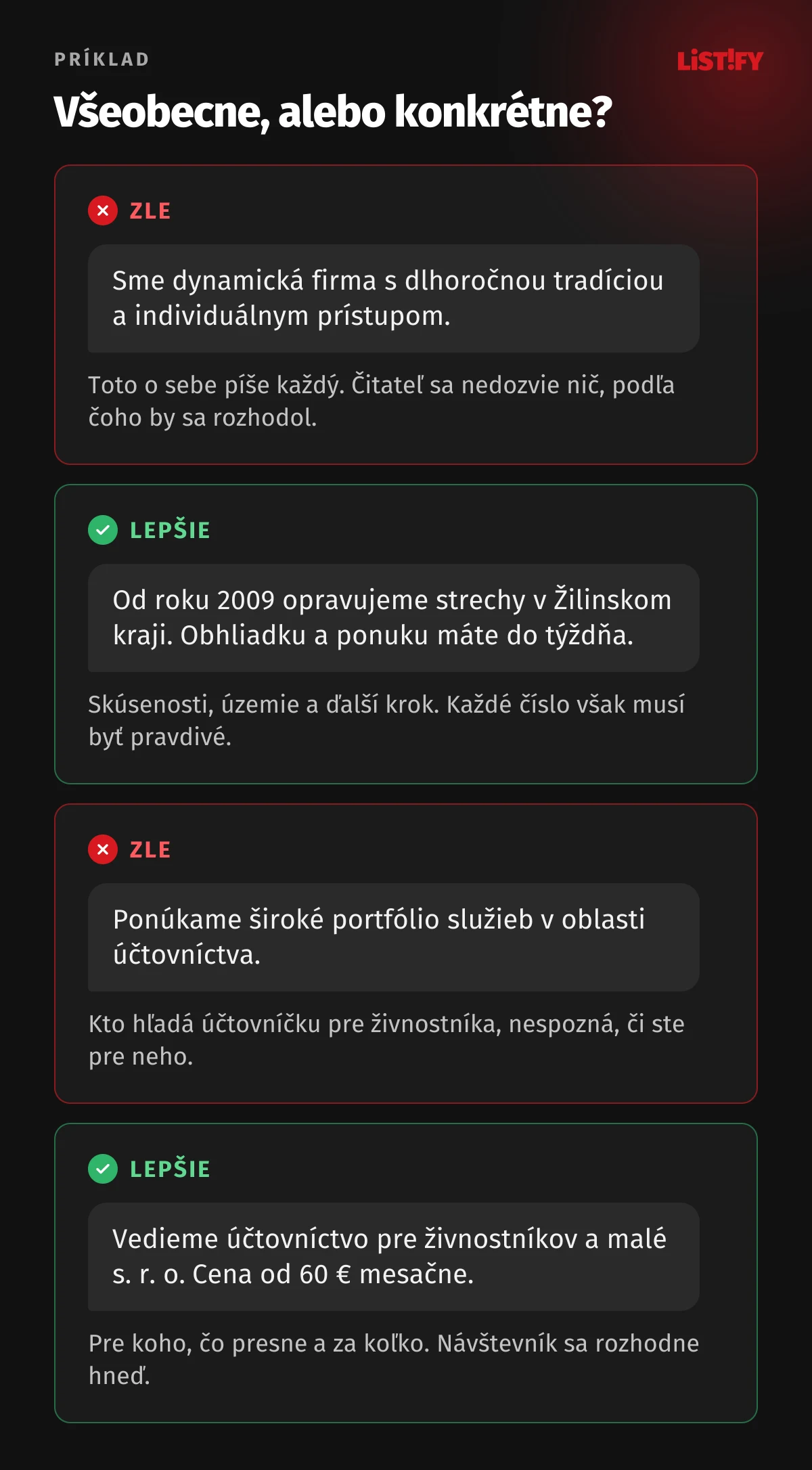 Príklady textov na web: všeobecné vety o dynamickej firme a širokom portfóliu oproti konkrétnym vetám s odborom, územím, cenou a ďalším krokom
