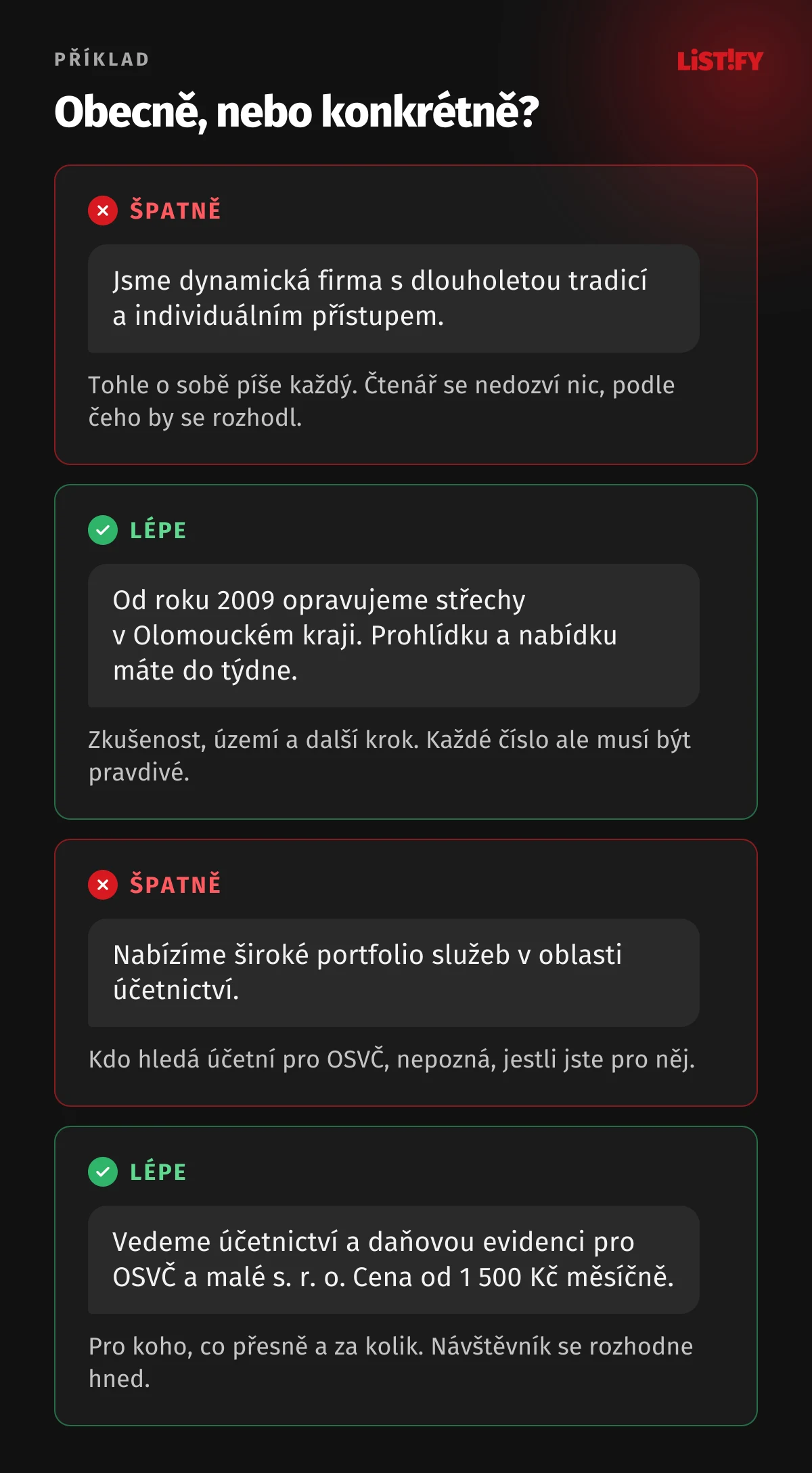 Příklady textů na web: obecné věty o dynamické firmě a širokém portfoliu proti konkrétním větám s oborem, územím, cenou a dalším krokem