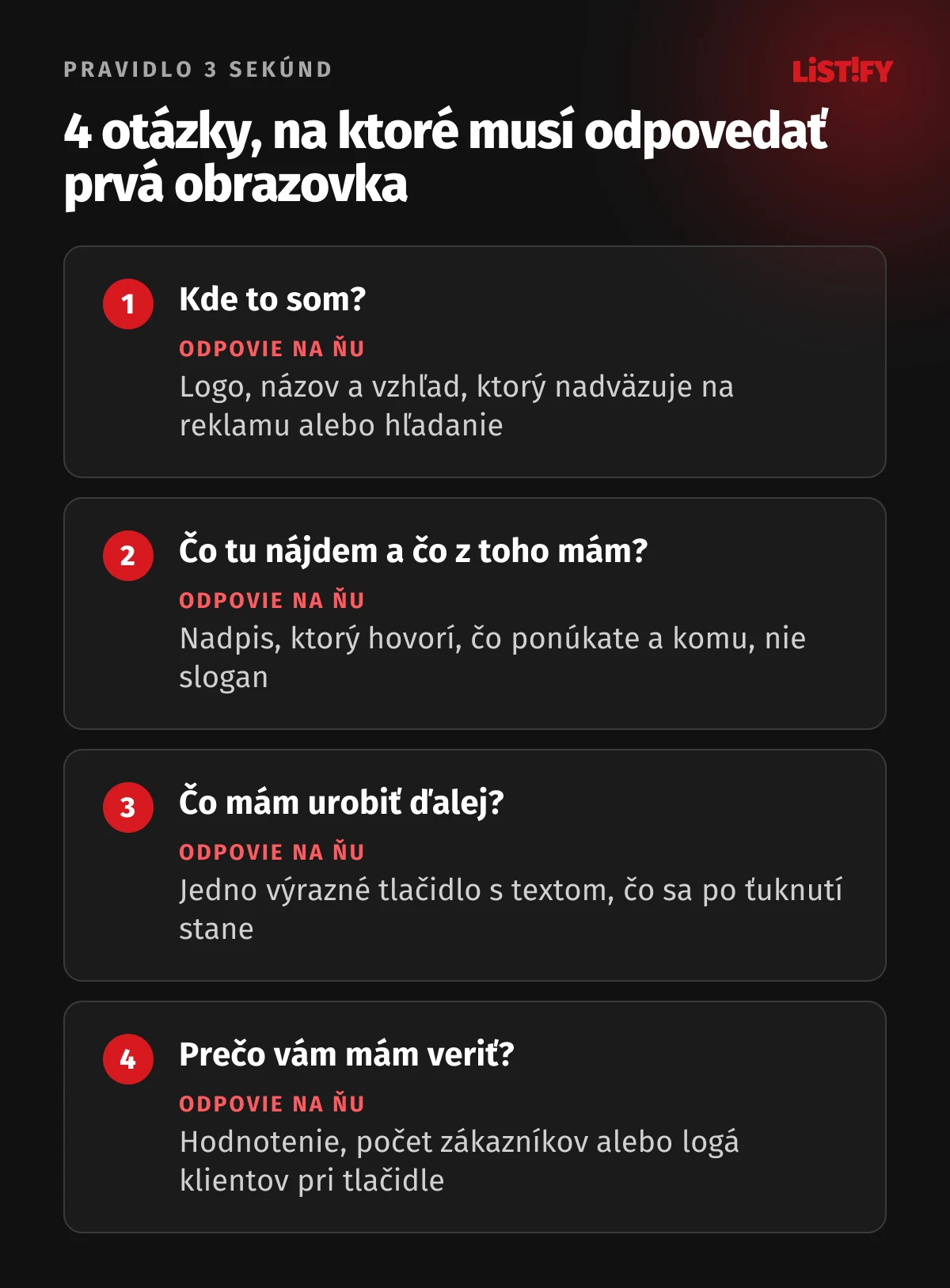 Štyri otázky, na ktoré musí odpovedať prvá obrazovka: kde to som, čo tu nájdem a čo z toho mám, čo mám urobiť ďalej a prečo vám mám veriť, a čím na ne web odpovie