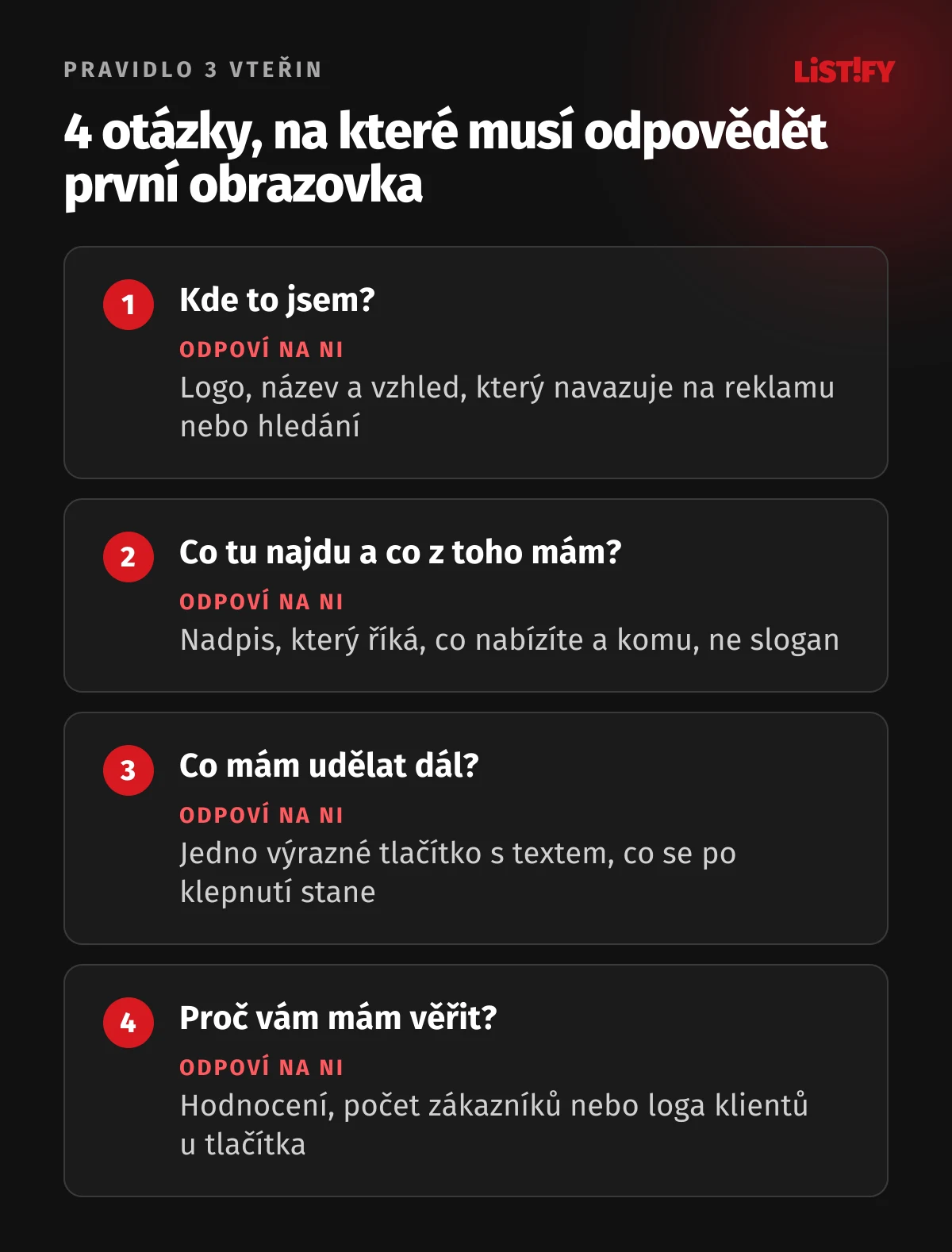 Čtyři otázky, na které musí odpovědět první obrazovka: kde to jsem, co tu najdu a co z toho mám, co mám udělat dál a proč vám mám věřit, a čím na ně web odpoví
