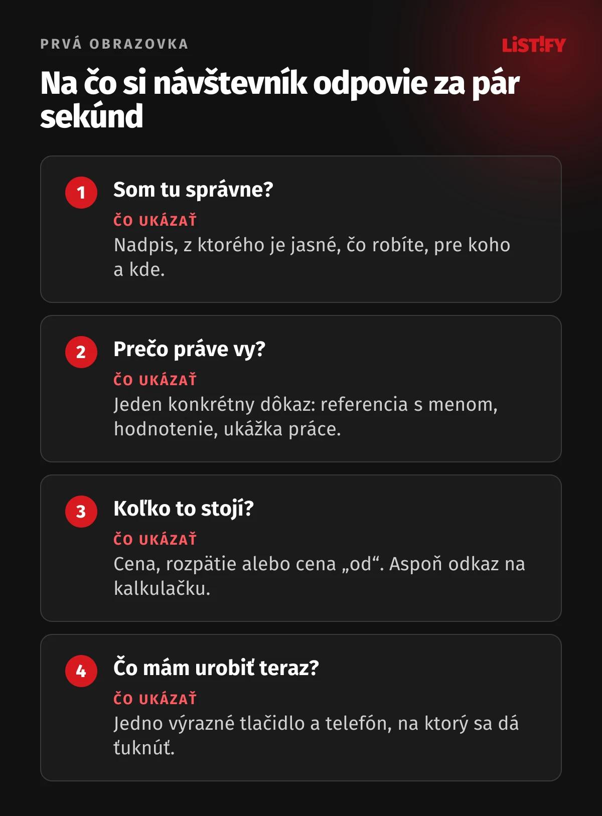 Infografika: štyri otázky, na ktoré musí odpovedať prvá obrazovka webu. Som tu správne, prečo práve vy, koľko to stojí a čo mám urobiť teraz, pri každej otázke čo na webe ukázať.