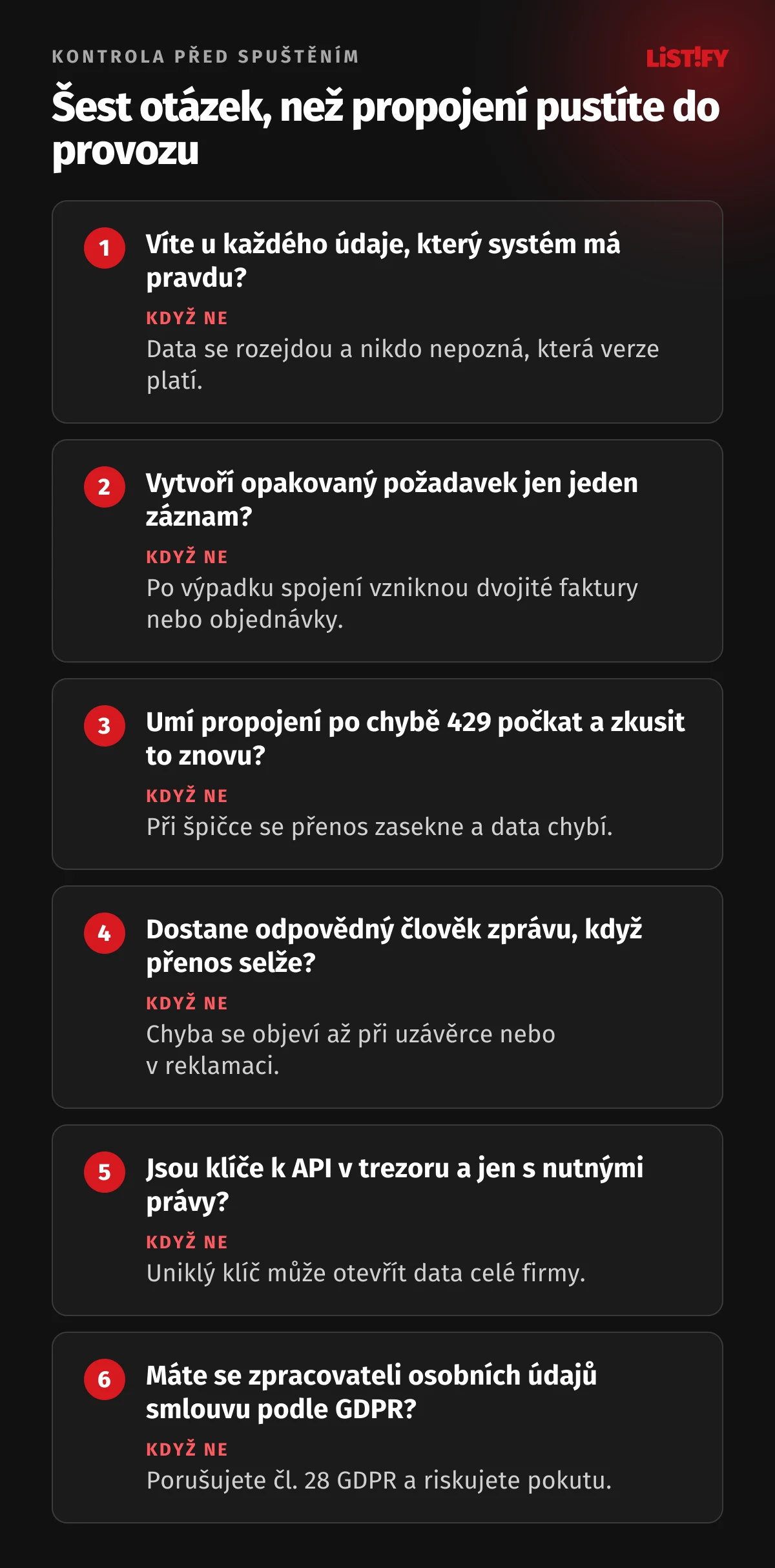 Šest otázek před spuštěním propojení: zda je u každého údaje jasný hlavní systém, zda opakovaný požadavek vytvoří jen jeden záznam, zda propojení umí počkat po chybě 429, zda se o selhání dozví odpovědný člověk, zda jsou klíče v trezoru a zda existuje smlouva se zpracovateli podle GDPR