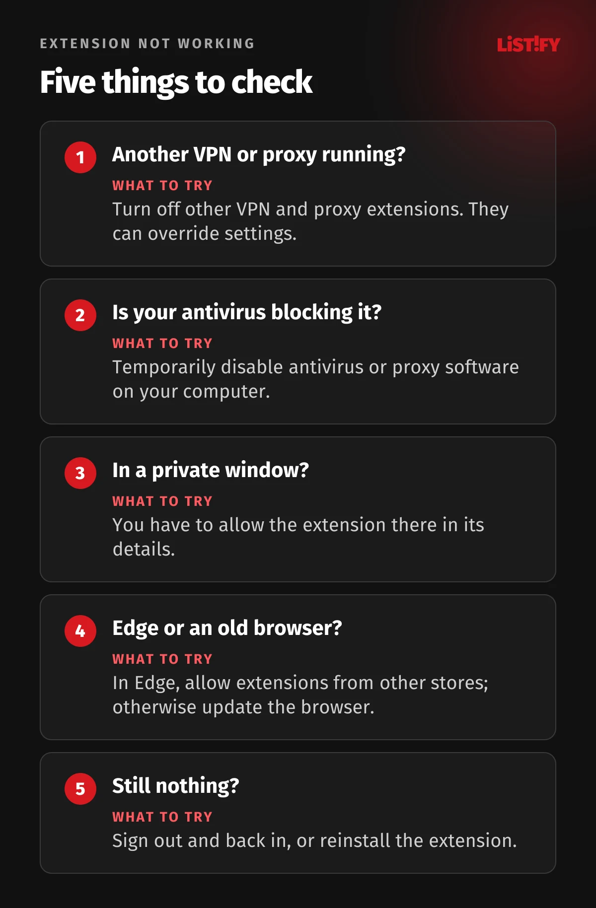 When the Proton VPN extension isn’t working: turn off other VPN or proxy extensions, check your antivirus, allow private windows, allow extensions from other stores in Edge, update the browser, sign out and back in