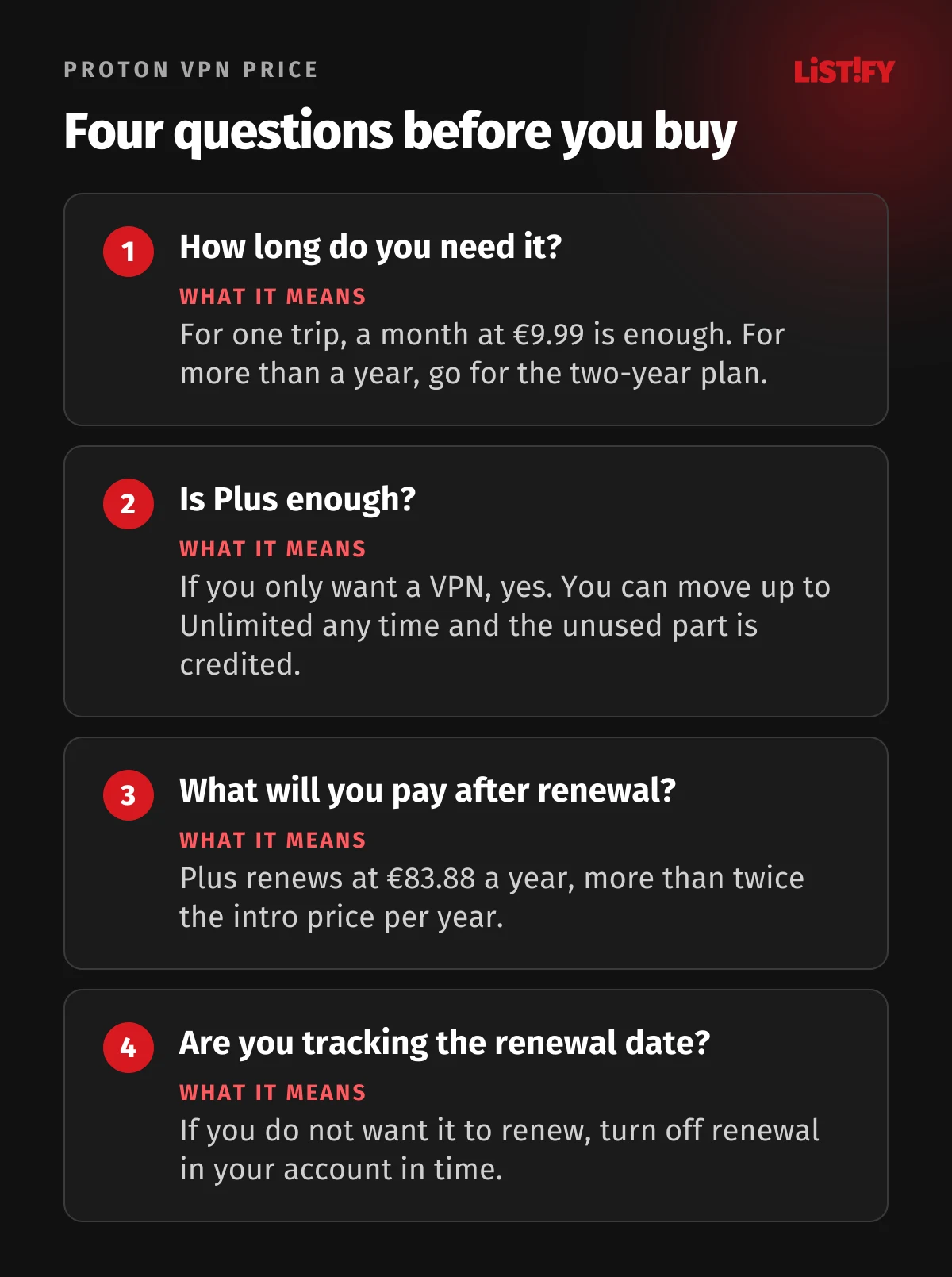 Four questions before buying Proton VPN: how long you need it, whether Plus is enough, what you will pay after renewal, whether you are tracking the renewal date