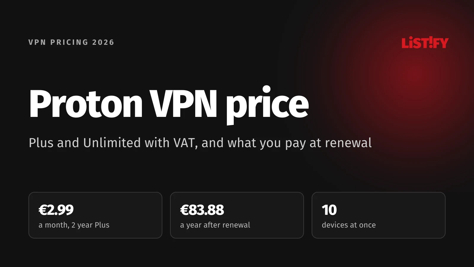 Cover of the Proton VPN price 2026 article: Plus at €2.99 a month with VAT on a two-year plan, €83.88 a year after renewal, 10 devices at once