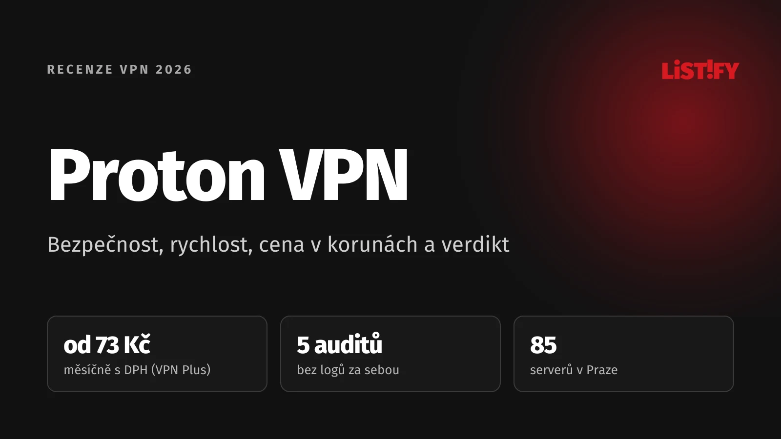 Obálka recenze Proton VPN 2026: VPN Plus s DPH od 73 Kč měsíčně, 5 auditů bez logů za sebou, 85 serverů v Praze