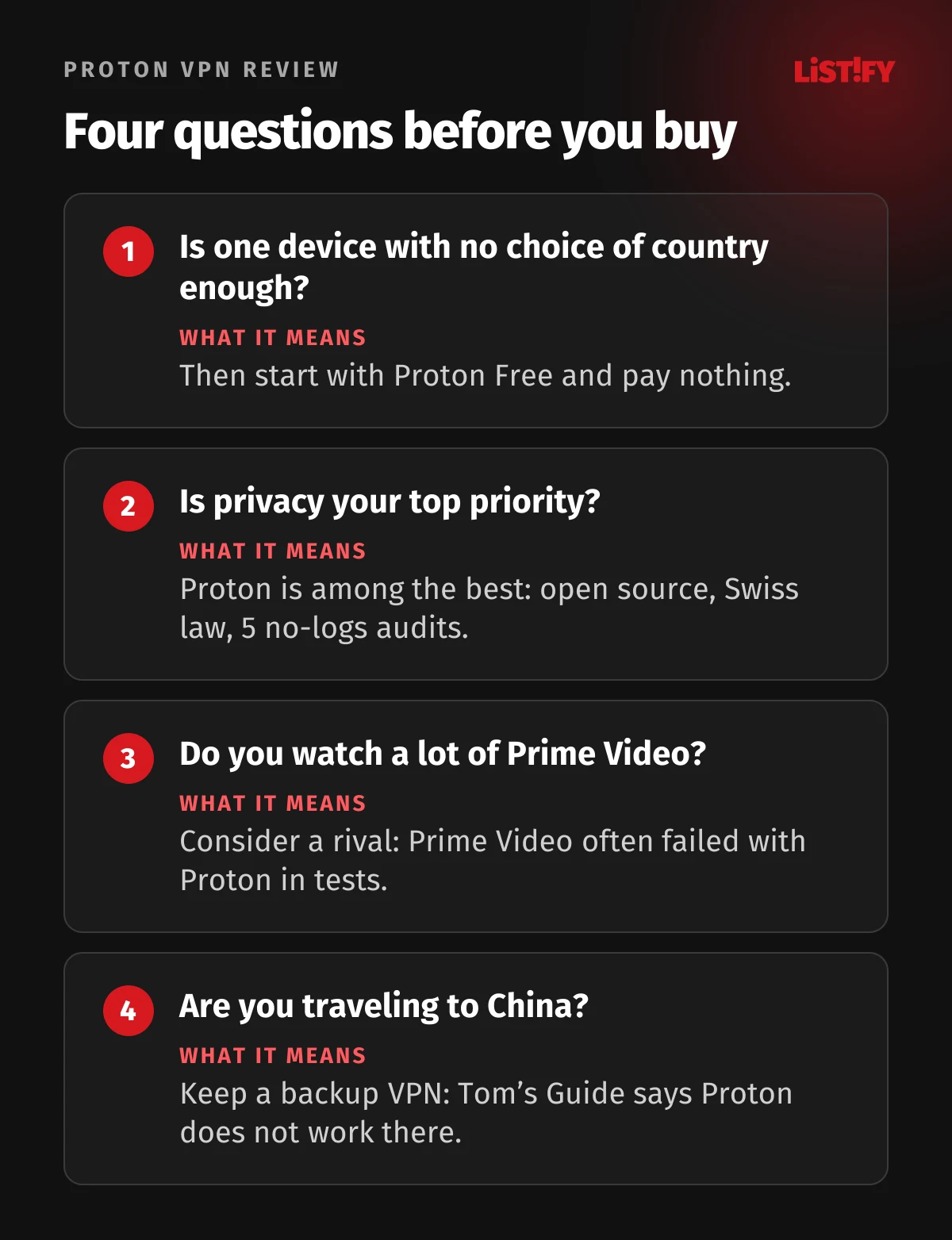 Four questions before buying Proton VPN: is one device with no choice of country enough, is privacy your top priority, do you watch a lot of Prime Video, are you traveling to China