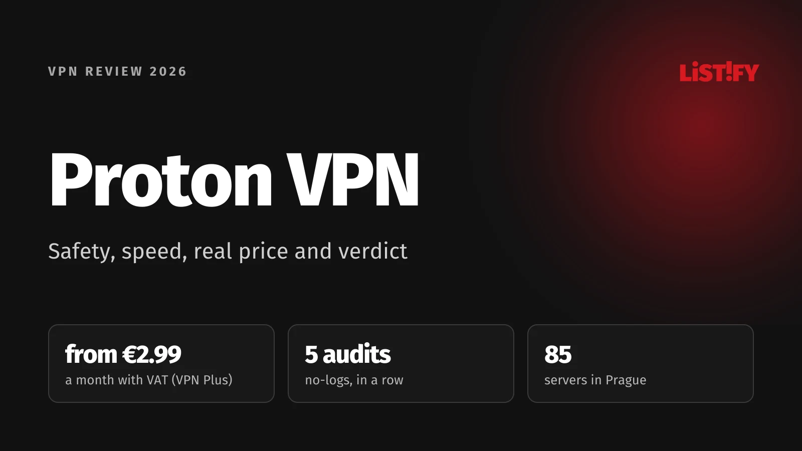 Proton VPN review 2026 cover: VPN Plus from €2.99 a month with VAT, 5 no-logs audits in a row, 85 servers in Prague