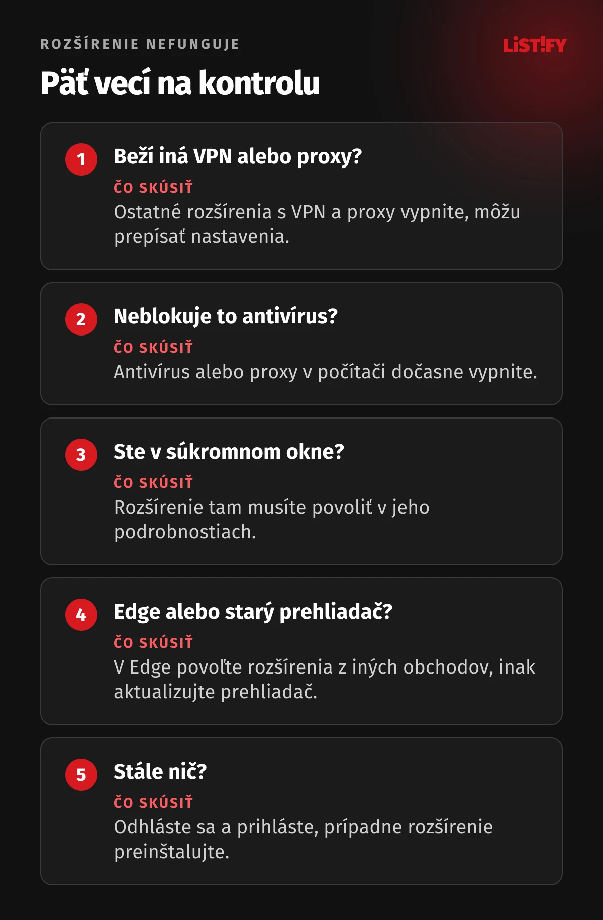 Keď rozšírenie Proton VPN nefunguje: vypnúť iné rozšírenia s VPN alebo proxy, skontrolovať antivírus, povoliť súkromné okná, v Edge povoliť rozšírenia z iných obchodov, aktualizovať prehliadač, odhlásiť sa a prihlásiť