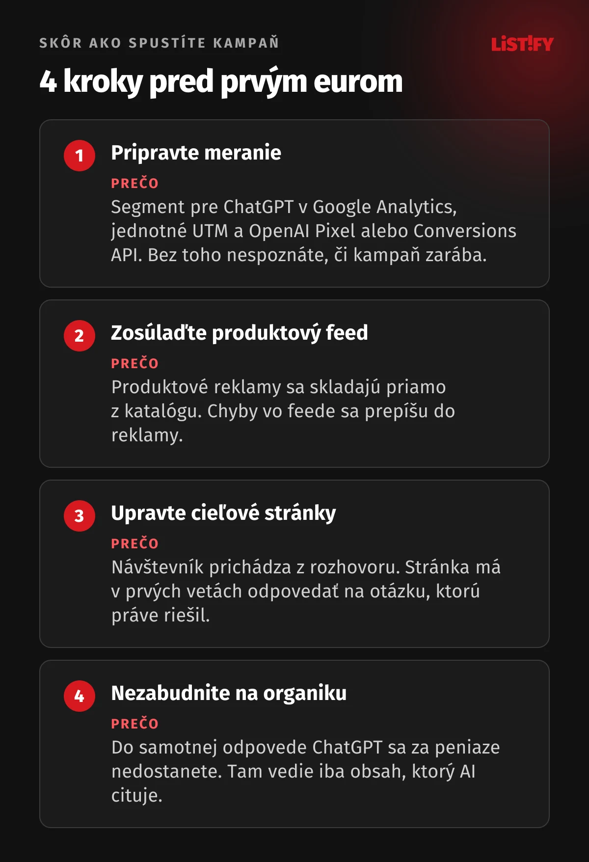 Štyri kroky pred spustením kampane v ChatGPT: pripraviť meranie, zosúladiť produktový feed, upraviť cieľové stránky a nezabudnúť na organické odporúčania
