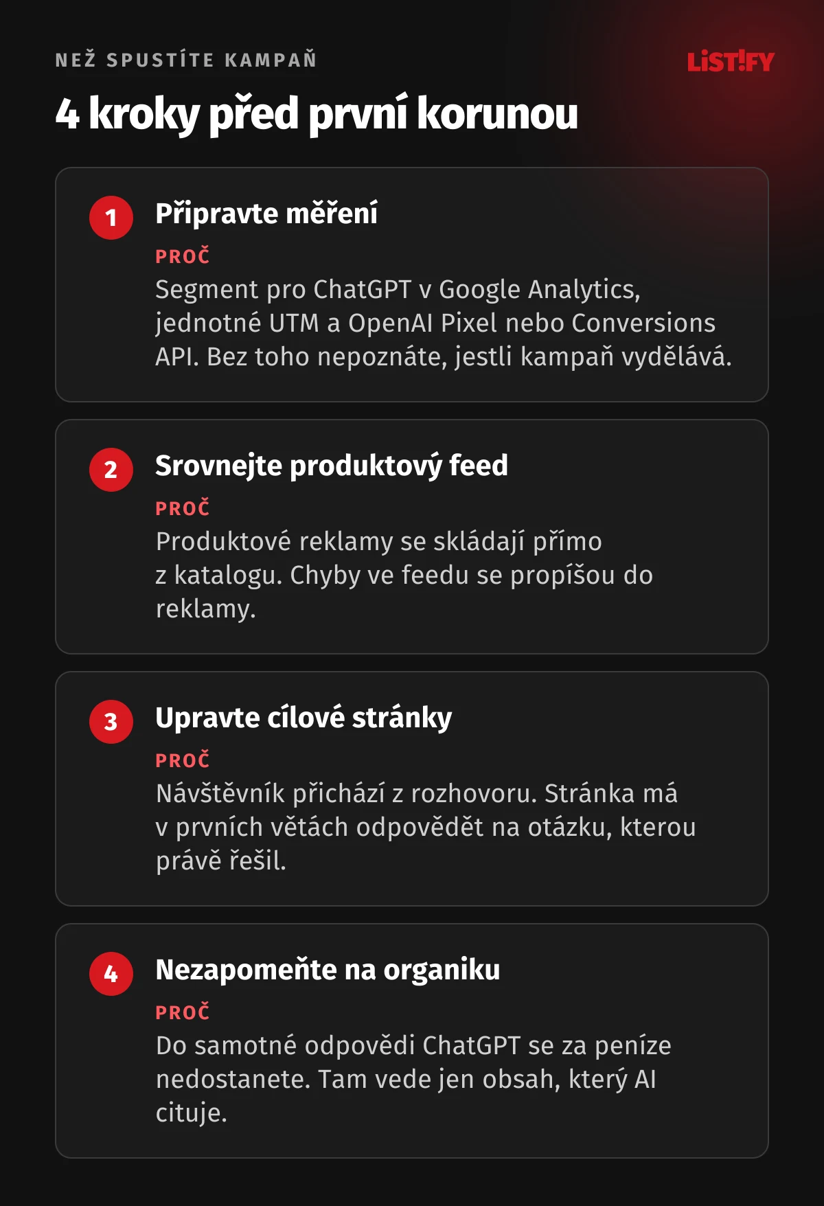 Čtyři kroky před spuštěním kampaně v ChatGPT: připravit měření, srovnat produktový feed, upravit cílové stránky a nezapomenout na organická doporučení