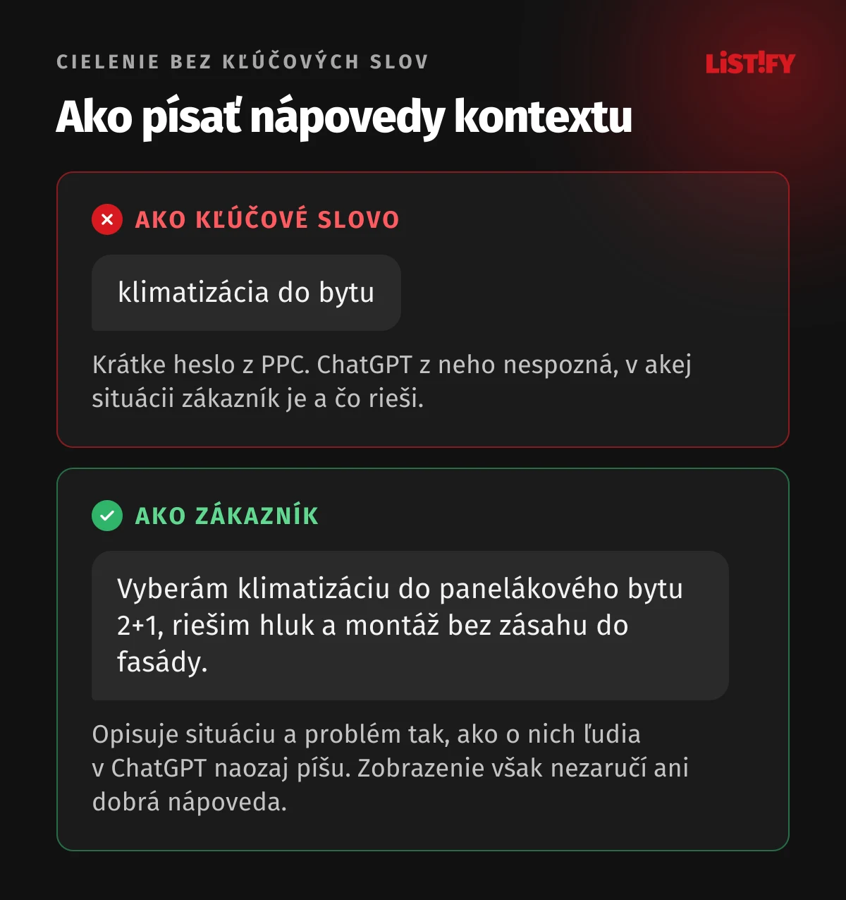 Zlá a dobrá nápoveda kontextu: „klimatizácia do bytu“ ako kľúčové slovo oproti opisu situácie zákazníka, ktorý rieši hluk a montáž bez zásahu do fasády
