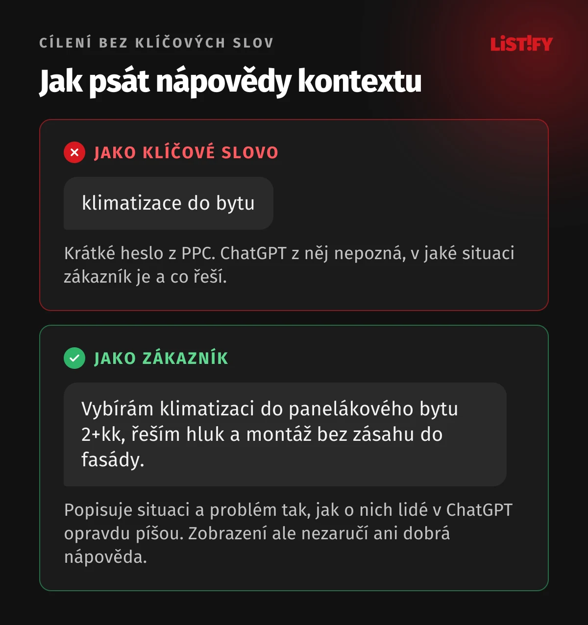 Špatná a dobrá nápověda kontextu: „klimatizace do bytu“ jako klíčové slovo proti popisu situace zákazníka, který řeší hluk a montáž bez zásahu do fasády