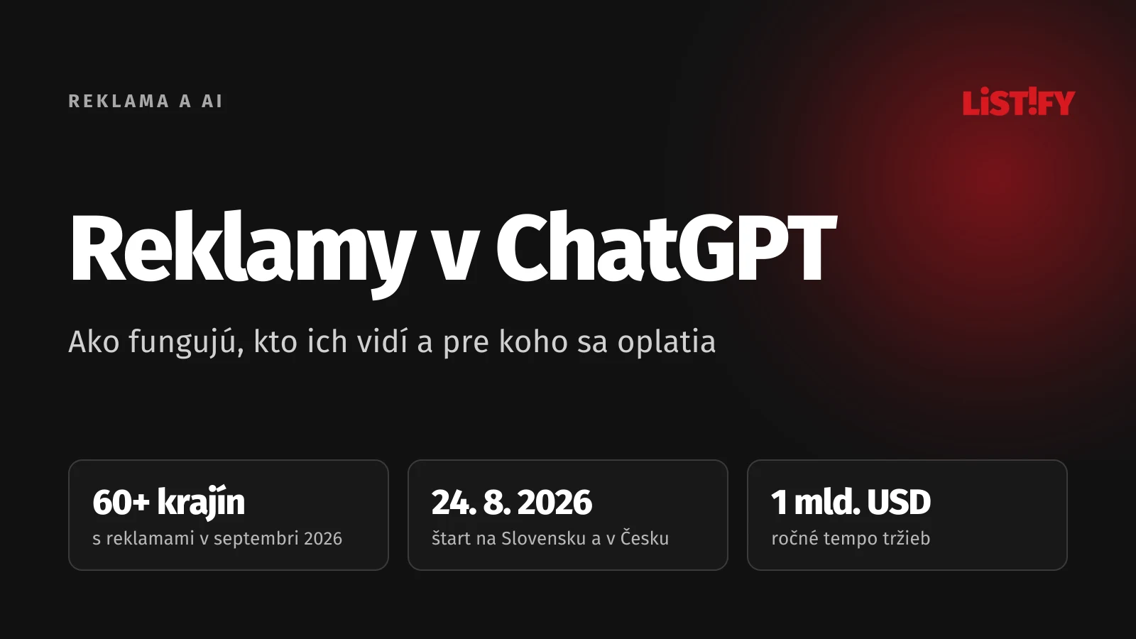 Obálka článku Reklamy v ChatGPT: reklamy vo viac ako 60 krajinách, na Slovensku a v Česku od 24. 8. 2026, ročné tempo tržieb 1 miliarda USD