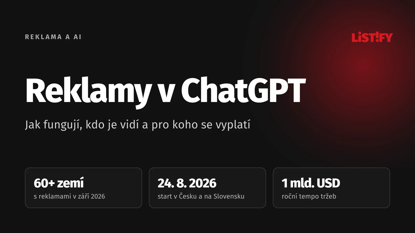 Obálka článku Reklamy v ChatGPT: reklamy ve více než 60 zemích, v Česku a na Slovensku od 24. 8. 2026, roční tempo tržeb 1 miliarda USD
