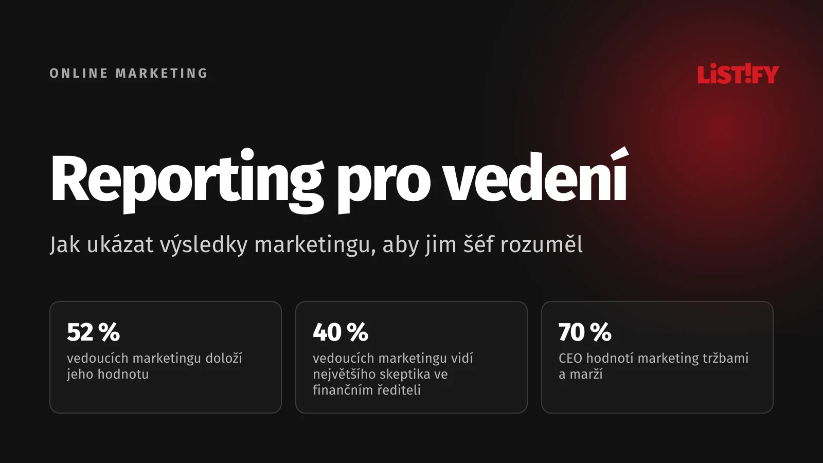 Obálka Reporting pro vedení: 52 % vedoucích marketingu umí doložit hodnotu marketingu, 40 % označilo za největšího skeptika finančního ředitele, 70 % CEO hodnotí marketing tržbami a marží
