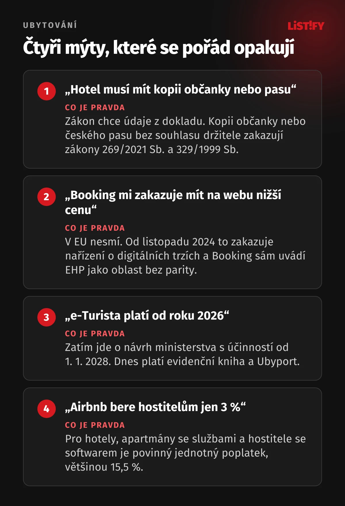 Čtyři mýty o ubytování: hotel nemusí kopírovat doklady, Booking.com v EU nesmí zakázat nižší cenu na vlastním webu, e-Turista zatím neplatí, Airbnb bere hotelům většinou 15,5 %