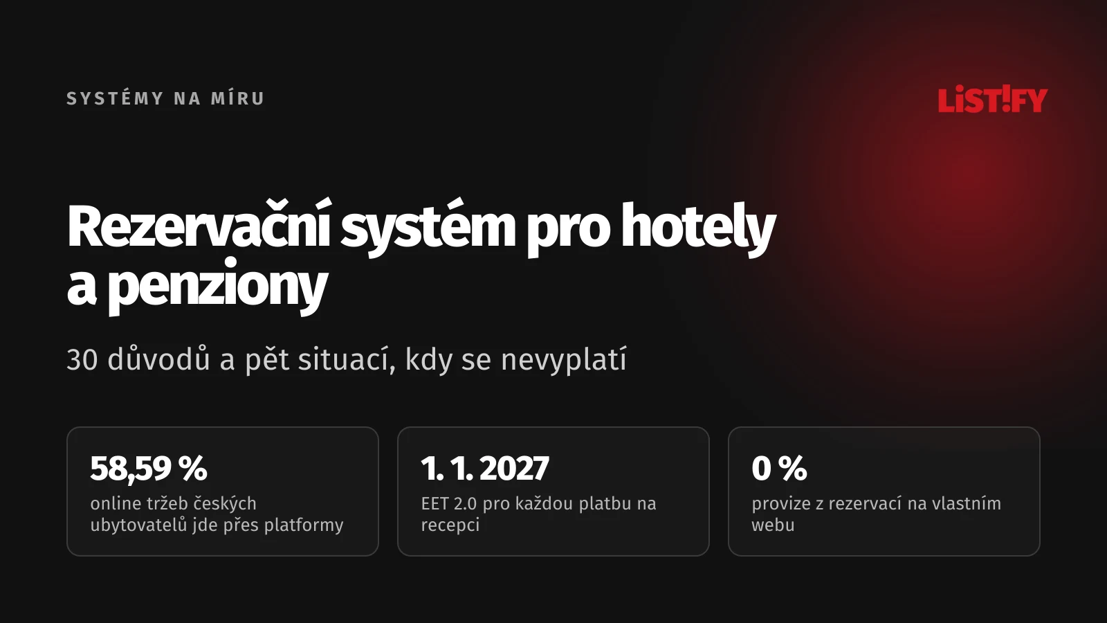Obálka článku Rezervační systém pro hotely a penziony na míru: 58,59 % online tržeb českých ubytovatelů jde přes platformy, od 1. 1. 2027 EET 2.0, 0 % provize na vlastním webu