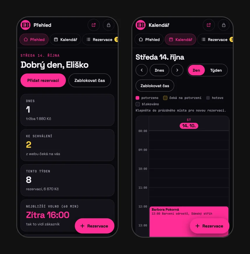 Two screenshots of the EB kadeřnictví admin panel on a phone with sample data: the Přehled screen with the greeting Dobrý den, Eliško, today’s revenue, two bookings awaiting approval and the next free slot, and the day calendar for Wednesday, October 14, with a Rezervace button
