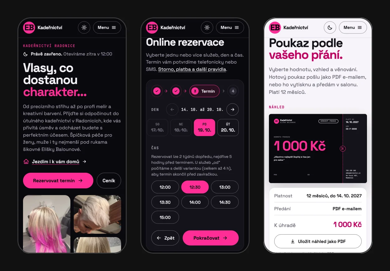 Three screenshots of the EB kadeřnictví website on a phone: the home page with the Czech headline Vlasy, co dostanou charakter and a Rezervovat termín button, the Termín step of online booking with free time slots, and the gift voucher designer for CZK 1,000 in light mode