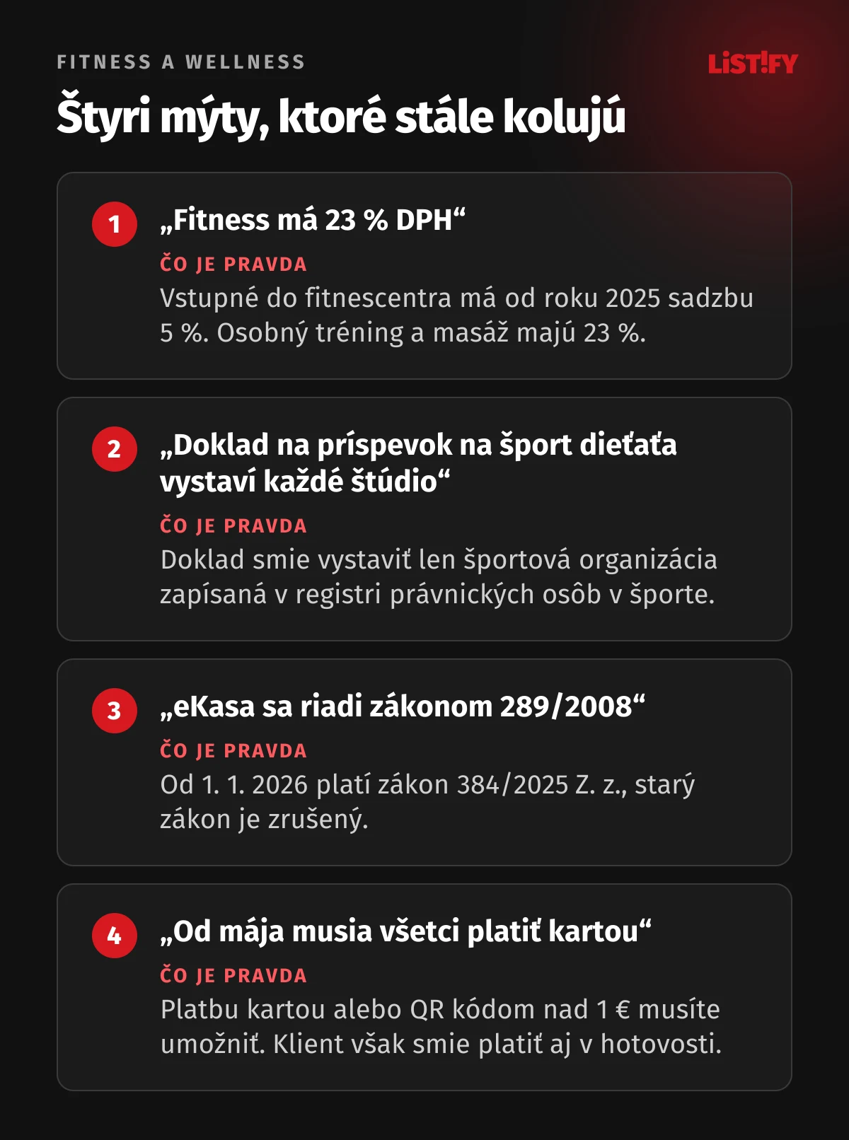 Štyri mýty o fitness a wellness na Slovensku: vstupné do fitnescentra má 5 % DPH, doklad na príspevok na šport dieťaťa smie vystaviť len registrovaná športová organizácia, eKasa sa už neriadi zákonom 289/2008, platbu kartou treba umožniť, klient však smie platiť aj v hotovosti