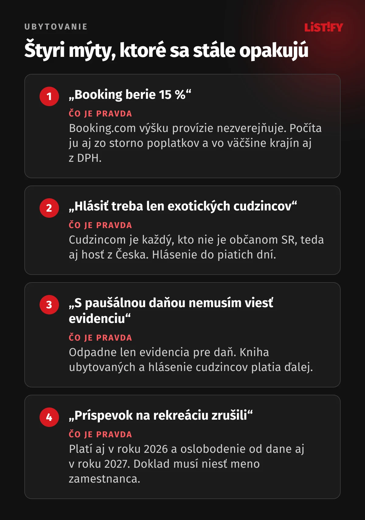 Štyri mýty o ubytovaní: Booking.com svoju províziu nezverejňuje, cudzinec je aj hosť z Česka, s paušálnou daňou knihu ubytovaných viesť treba, príspevok na rekreáciu platí aj v roku 2026