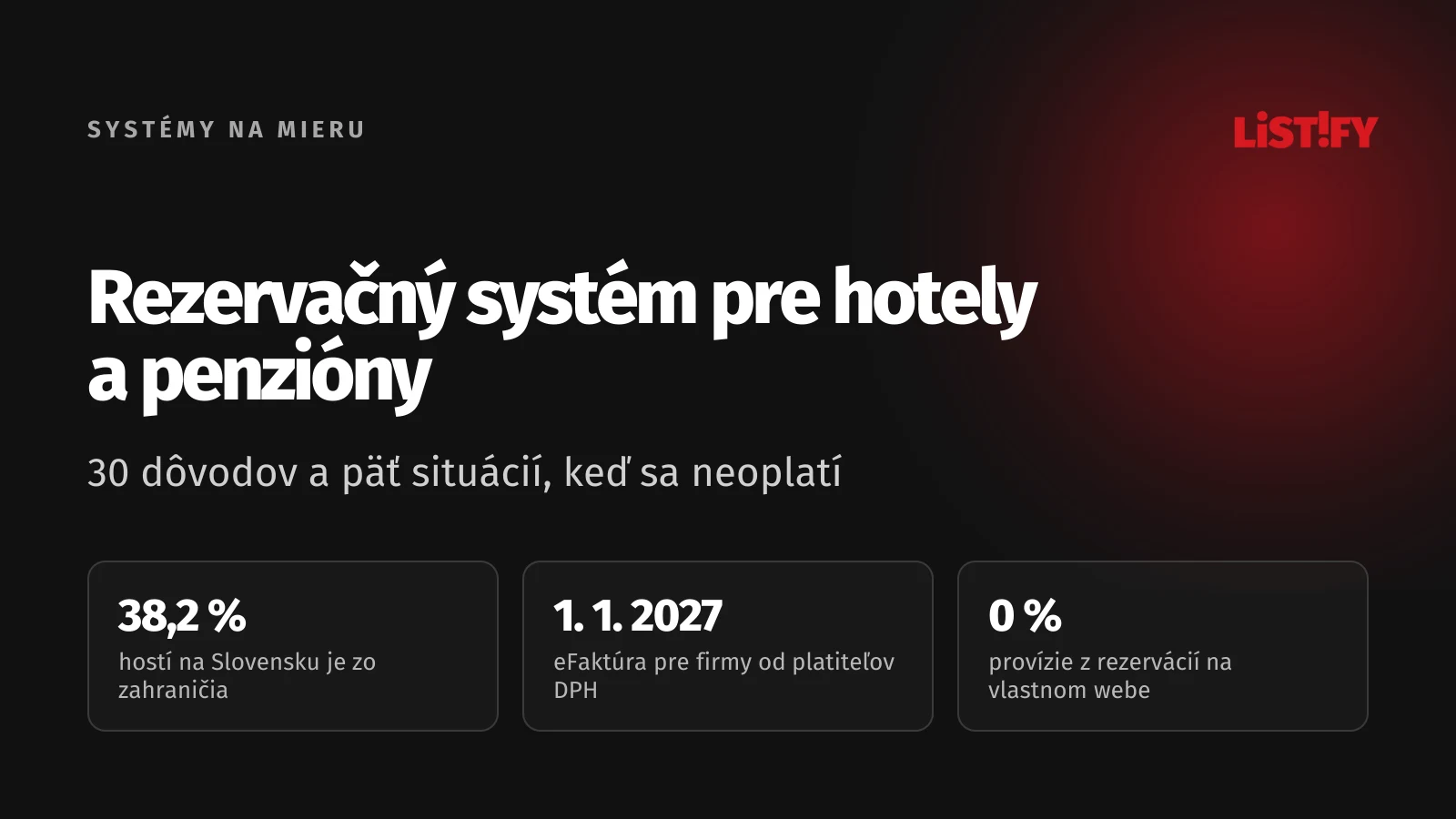 Obálka článku Rezervačný systém pre hotely a penzióny na mieru: 38,2 % hostí na Slovensku je zo zahraničia, od 1. 1. 2027 eFaktúra, 0 % provízie na vlastnom webe