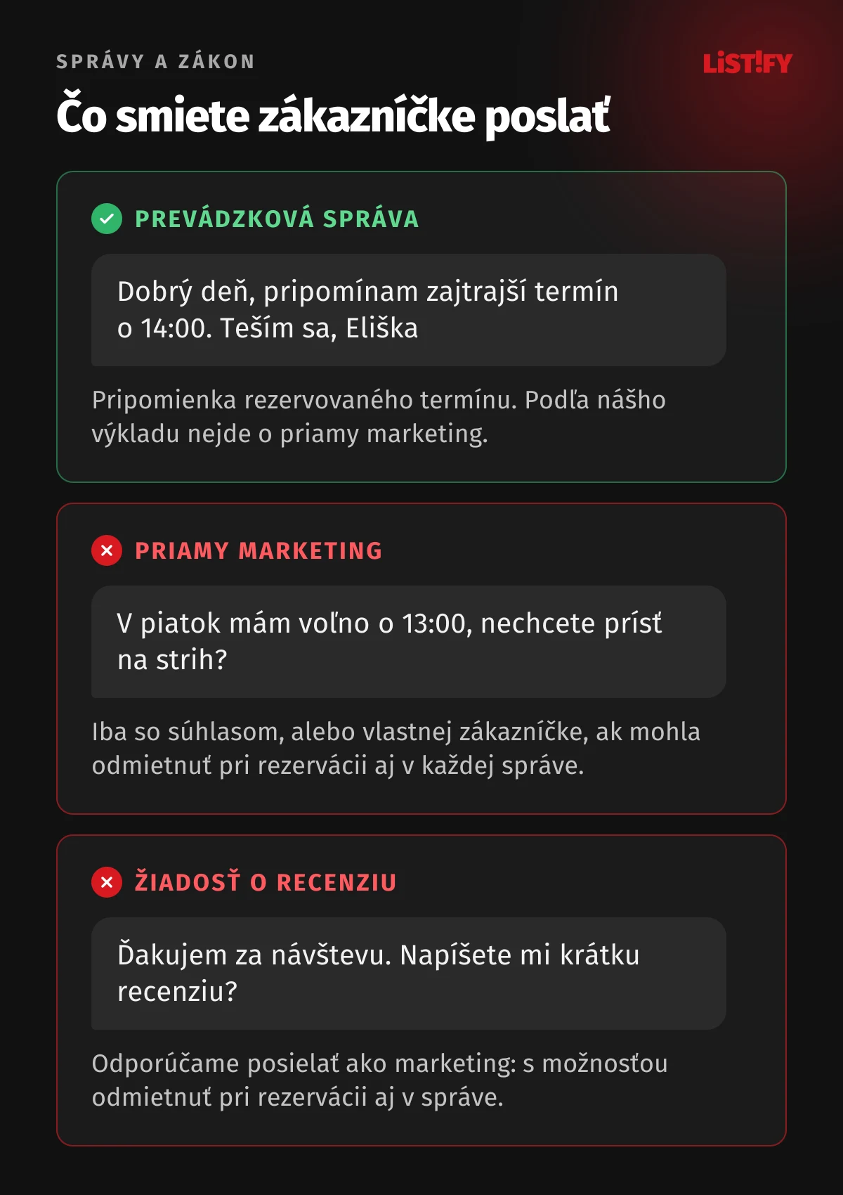 Tri správy zákazníčke a čo k nim hovorí zákon: pripomienka zajtrajšieho termínu je prevádzková správa, ponuka voľného termínu je priamy marketing a žiadosť o recenziu odporúčame posielať s možnosťou odmietnutia