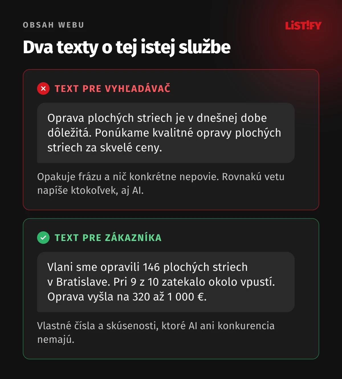 Dva texty o oprave plochých striech: prvý opakuje všeobecné frázy a nepovie nič konkrétne, druhý uvádza vlastný počet zákaziek, najčastejšiu príčinu zatekania a cenové rozpätie opravy.