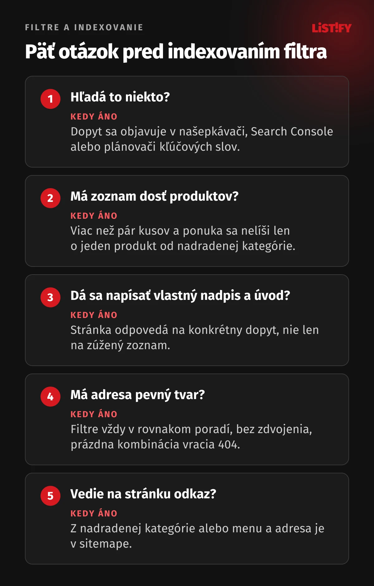 Päť otázok pred indexovaním filtra: hľadá to niekto, má zoznam dosť produktov, dá sa napísať vlastný nadpis a úvod, má adresa pevný tvar a poradie filtrov, vedie na stránku odkaz z webu