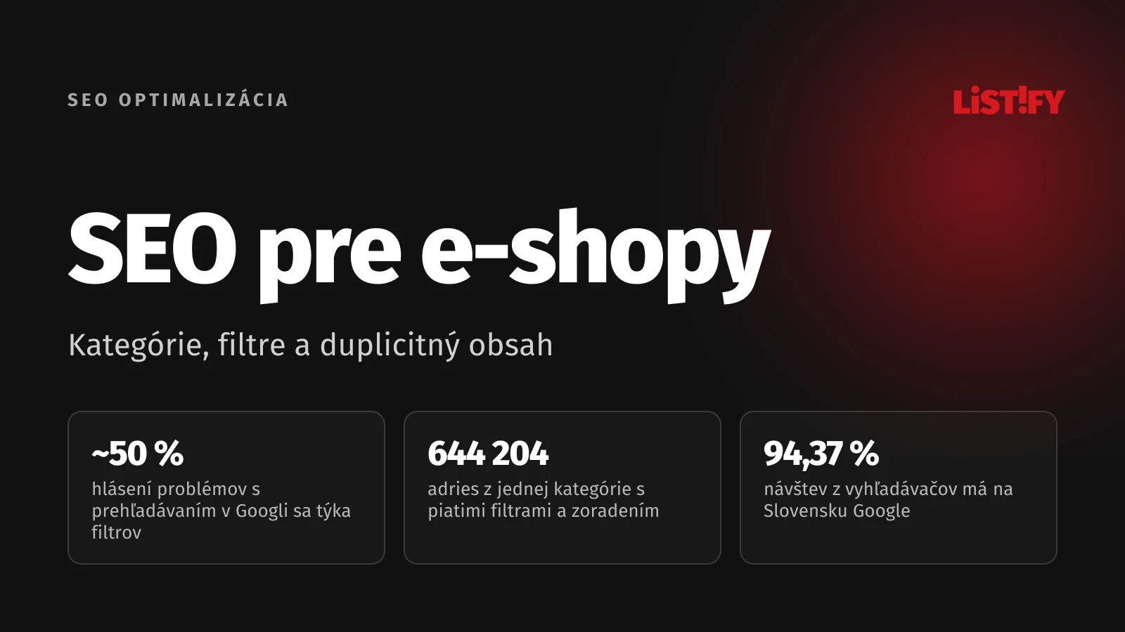 Obálka SEO pre e-shopy: filtre tvoria asi polovicu hlásení problémov s prehľadávaním v Googli, Google má na Slovensku 94,37 % návštev, kategória s piatimi filtrami a zoradením môže mať 644 204 adries