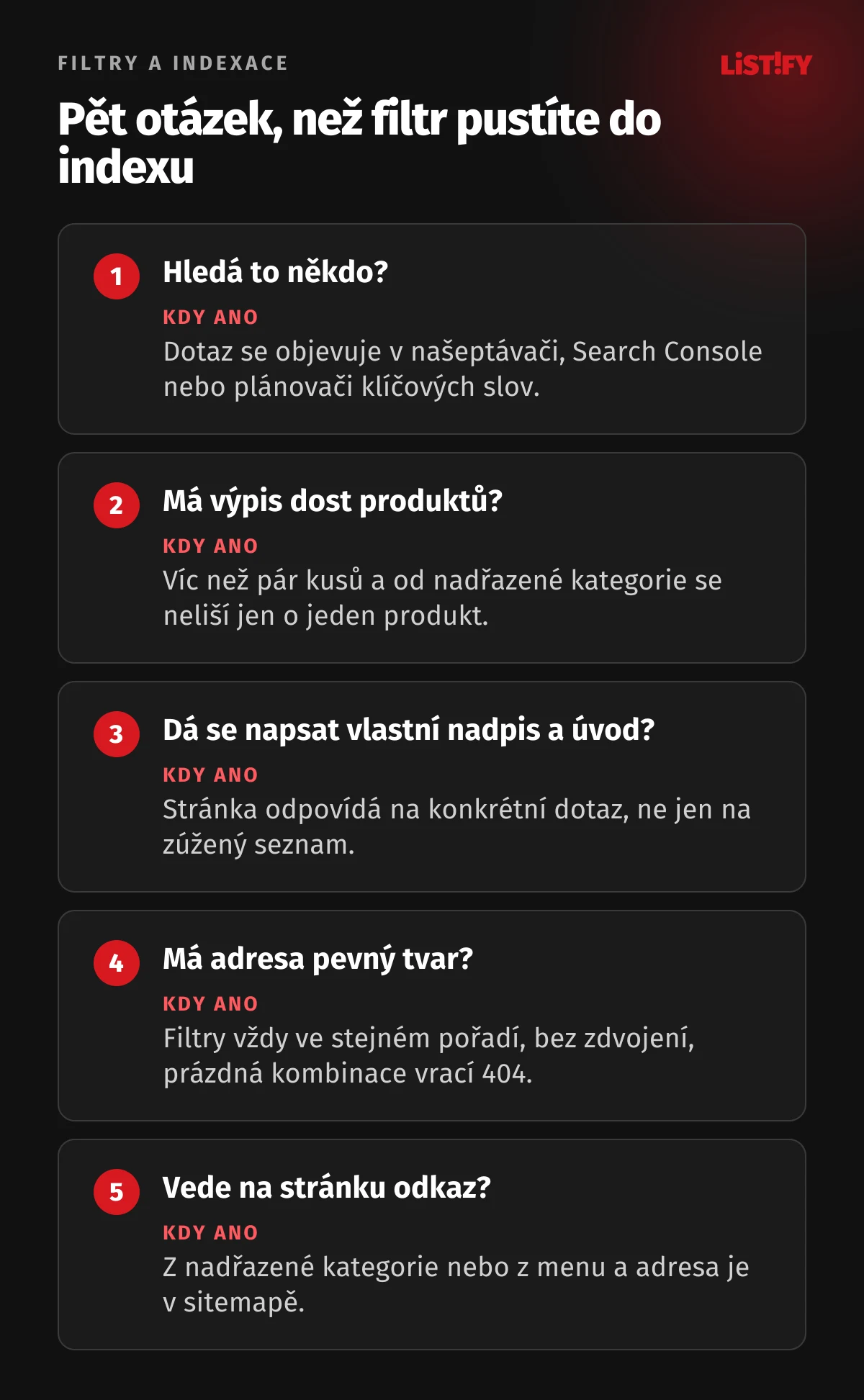 Pět otázek před indexací filtru: hledá to někdo, má výpis dost produktů, dá se napsat vlastní nadpis a úvod, má adresa pevný tvar a pořadí filtrů, vede na stránku odkaz z webu