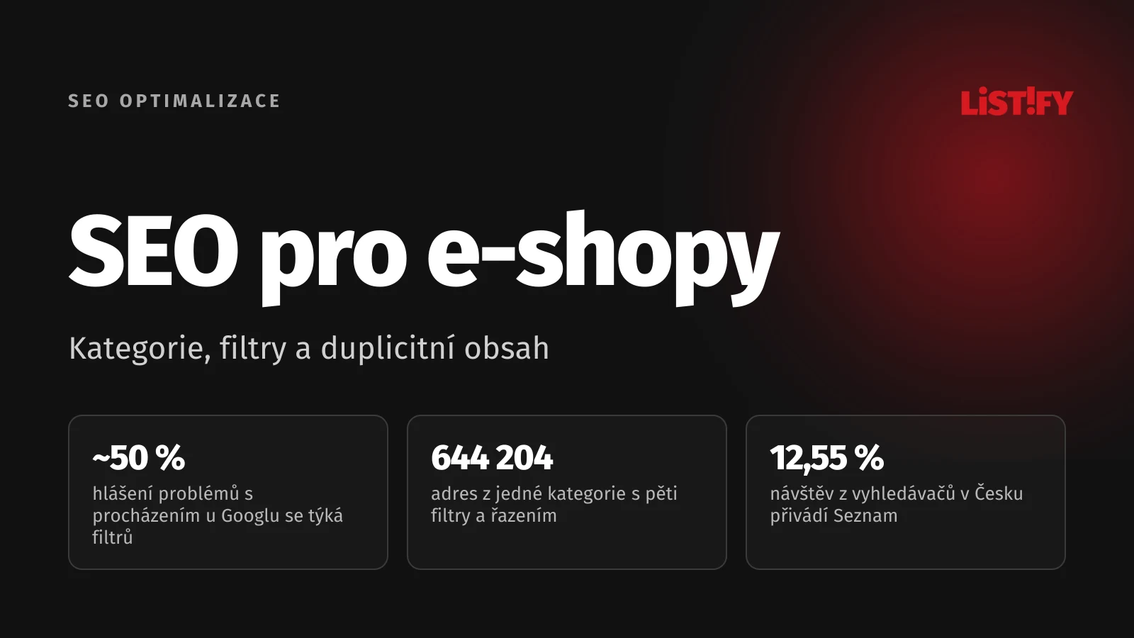 Obálka SEO pro e-shopy: filtry tvoří asi polovinu hlášení problémů s procházením u Googlu, Seznam má v Česku 12,55 % návštěv z vyhledávačů, kategorie s pěti filtry a řazením může mít 644 204 adres