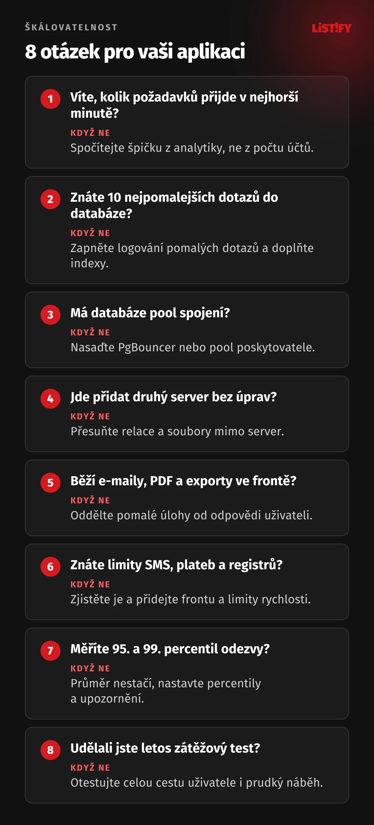 8 otázek pro škálovatelnost aplikace: víte, kolik požadavků přijde v nejhorší minutě, znáte 10 nejpomalejších dotazů, má databáze pool spojení, jde přidat druhý server, běží pomalé úlohy ve frontě, znáte limity externích služeb, měříte 95. a 99. percentil a zkusili jste letos zátěžový test