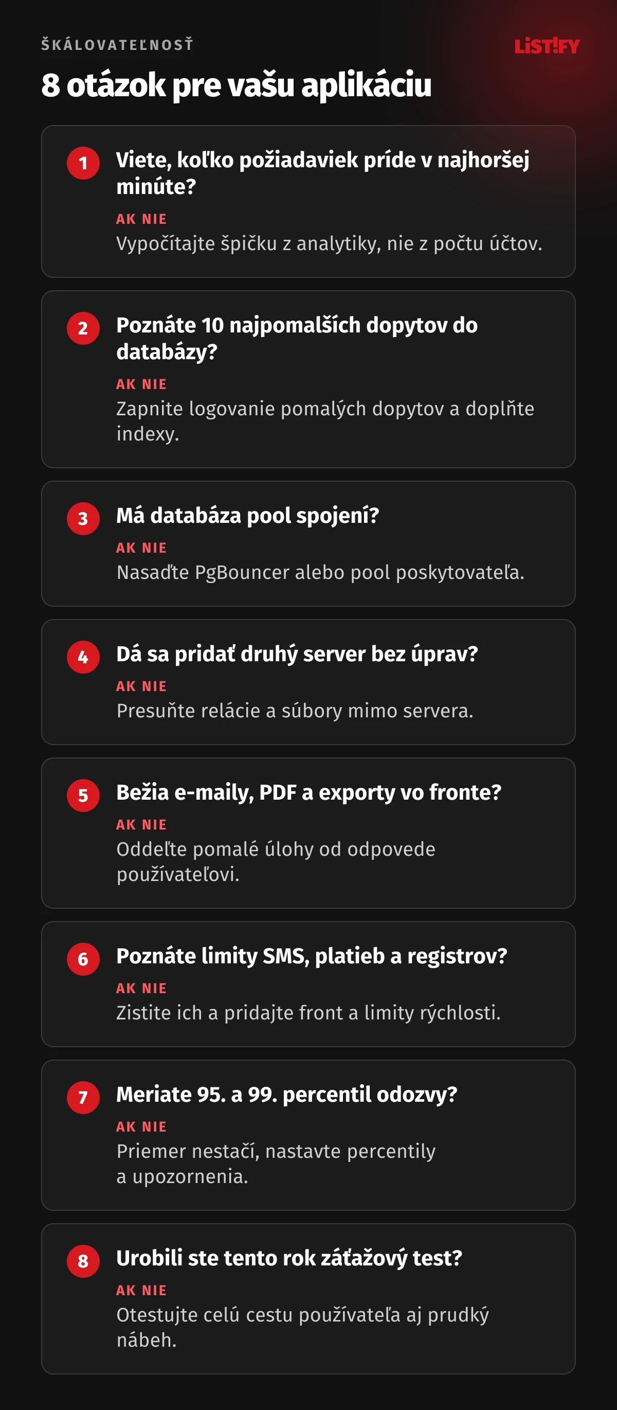 8 otázok o škálovateľnosti: špička v najhoršej minúte, 10 najpomalších dopytov, pool spojení, druhý server bez úprav, pomalé úlohy vo fronte, limity externých služieb, 95. a 99. percentil odozvy a záťažový test tento rok